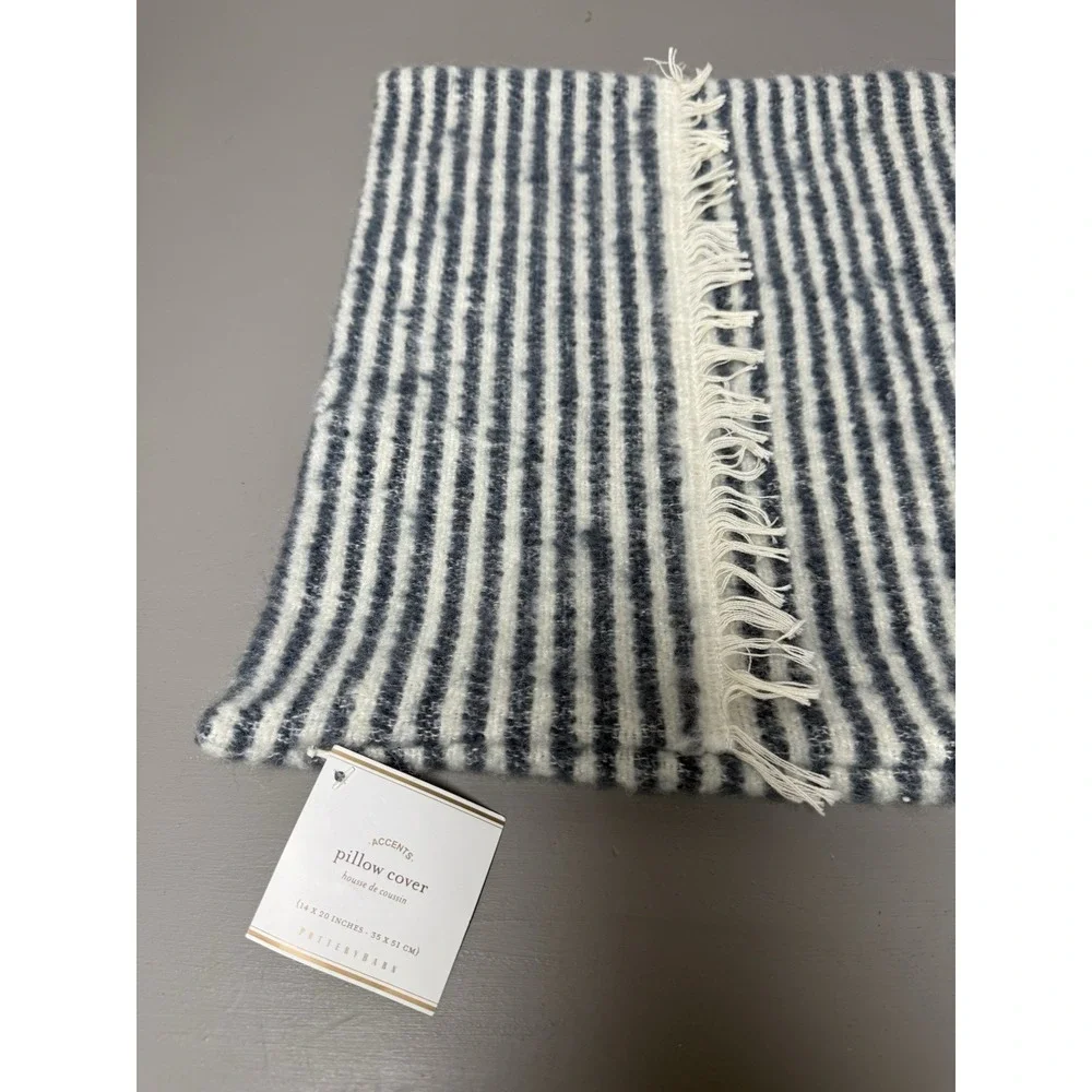 Pottery Barn Cozy Ticking Stripe Faux Mohair Pillow Cover‎ Sham Ivory Navy NEW